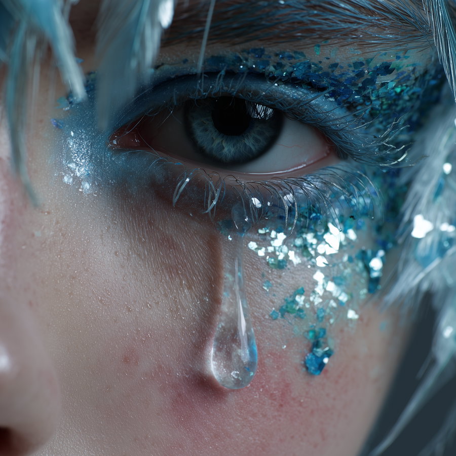 Close-up image of a human eye with blue glitter and makeup, a clear teardrop falling down the cheek