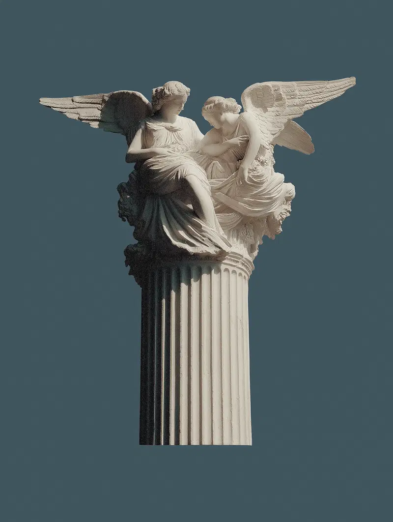 Detailed classical sculpture of two winged figures atop a fluted column