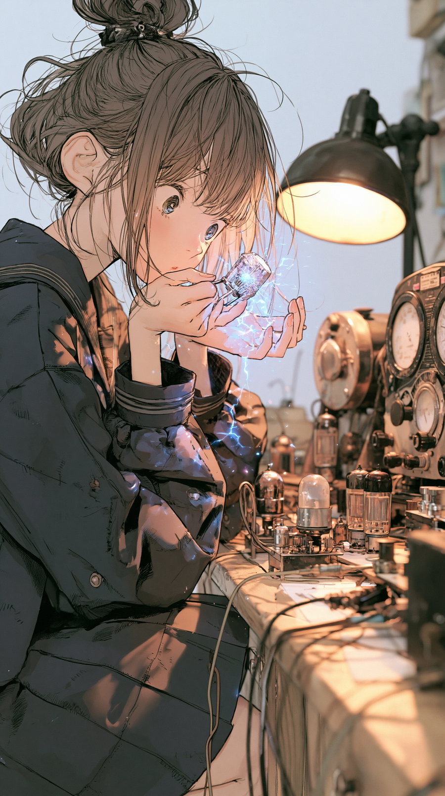 Anime-style girl with messy hair and a dark coat holding a glowing electronic tube with electric sparks amidst a cluttered workshop with vintage electronic equipment and dials