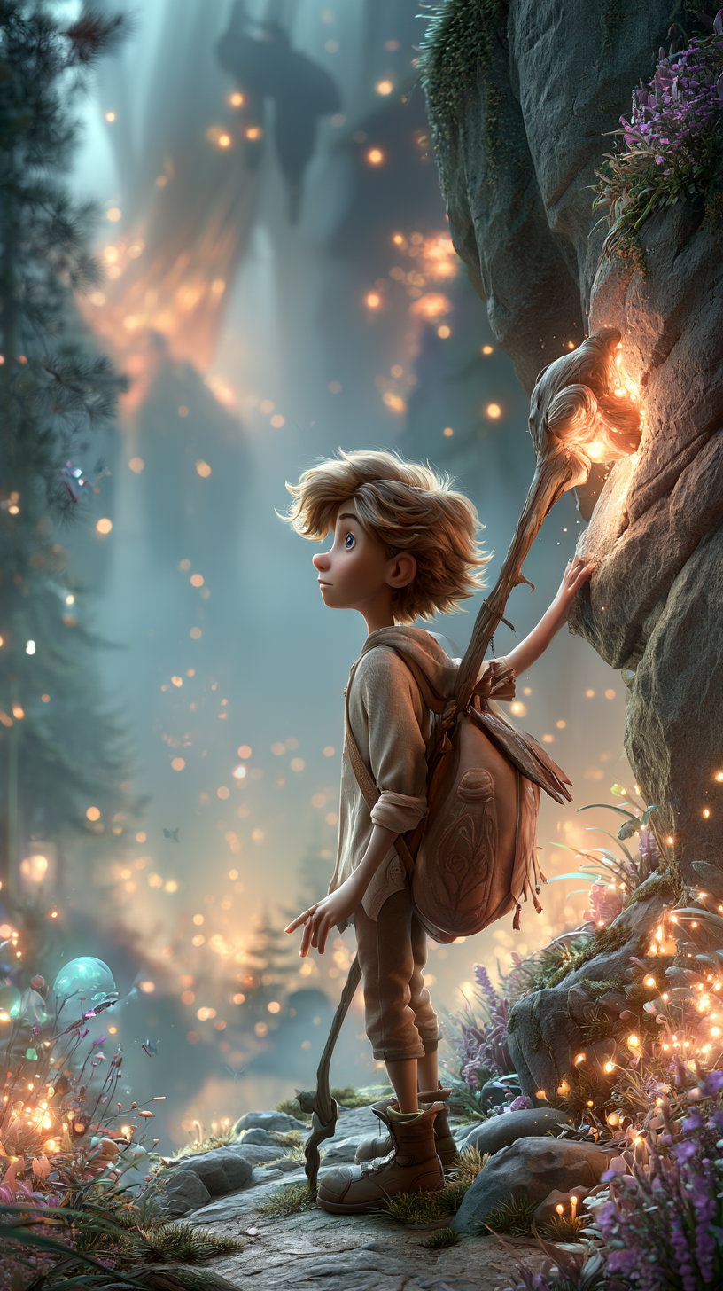 A young boy with tousled blond hair wearing a hoodie, shorts, and boots, stands on a forest path surrounded by glowing orbs and vibrant flowers. He is touching a rock wall with one hand while carrying a detailed wooden staff and a decorated backpack, with a misty, enchanted forest background.