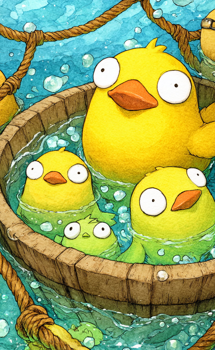 Illustration of cute yellow and green ducklings with big eyes sitting in a wooden barrel floating on water with ropes around
