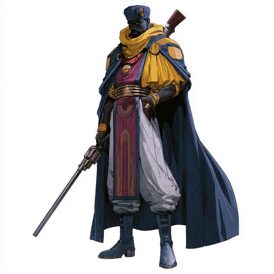 A tall man wearing a blue cape, yellow scarf, blue cap, and white pants with golden accessories, holding a long rifle, standing against a white background