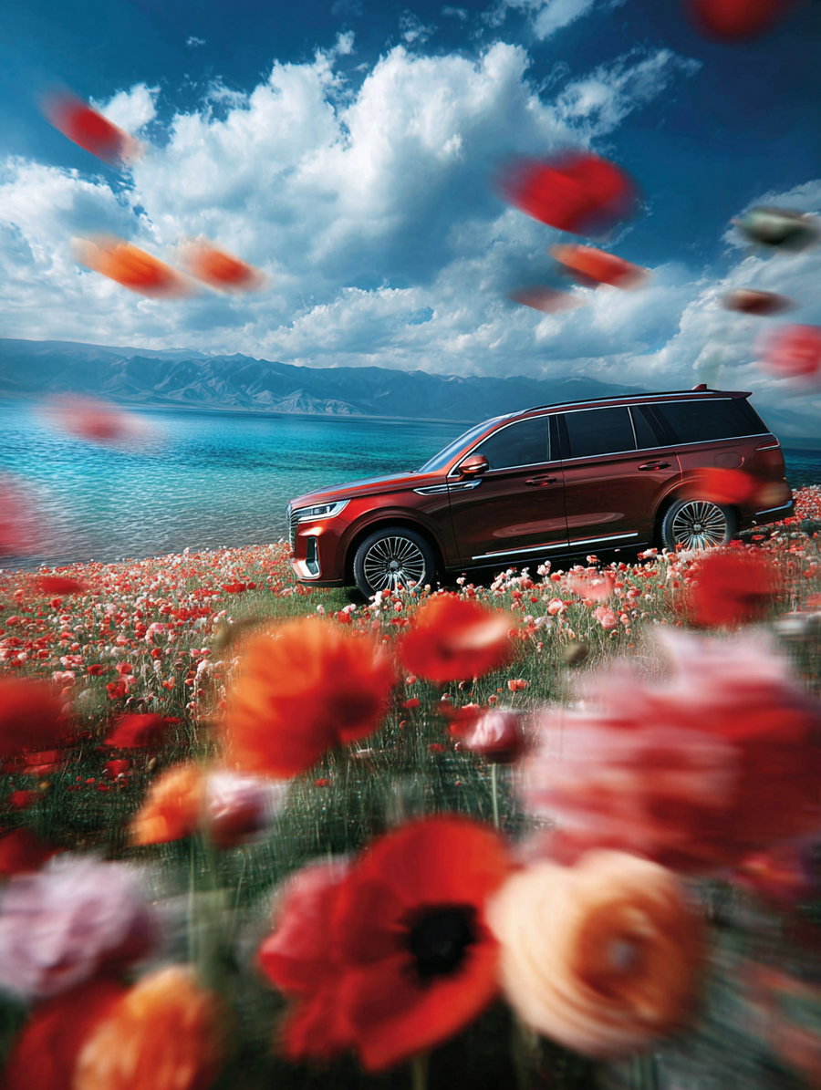 A red SUV on a vibrant field of red and pink flowers with a large body of turquoise water and mountain range in the distance under a partly cloudy sky.