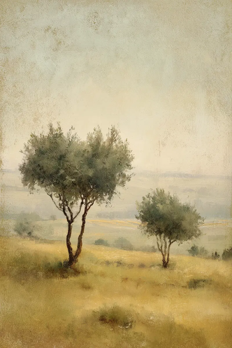 Tranquil Landscape Painting of Trees in a Rustic Field