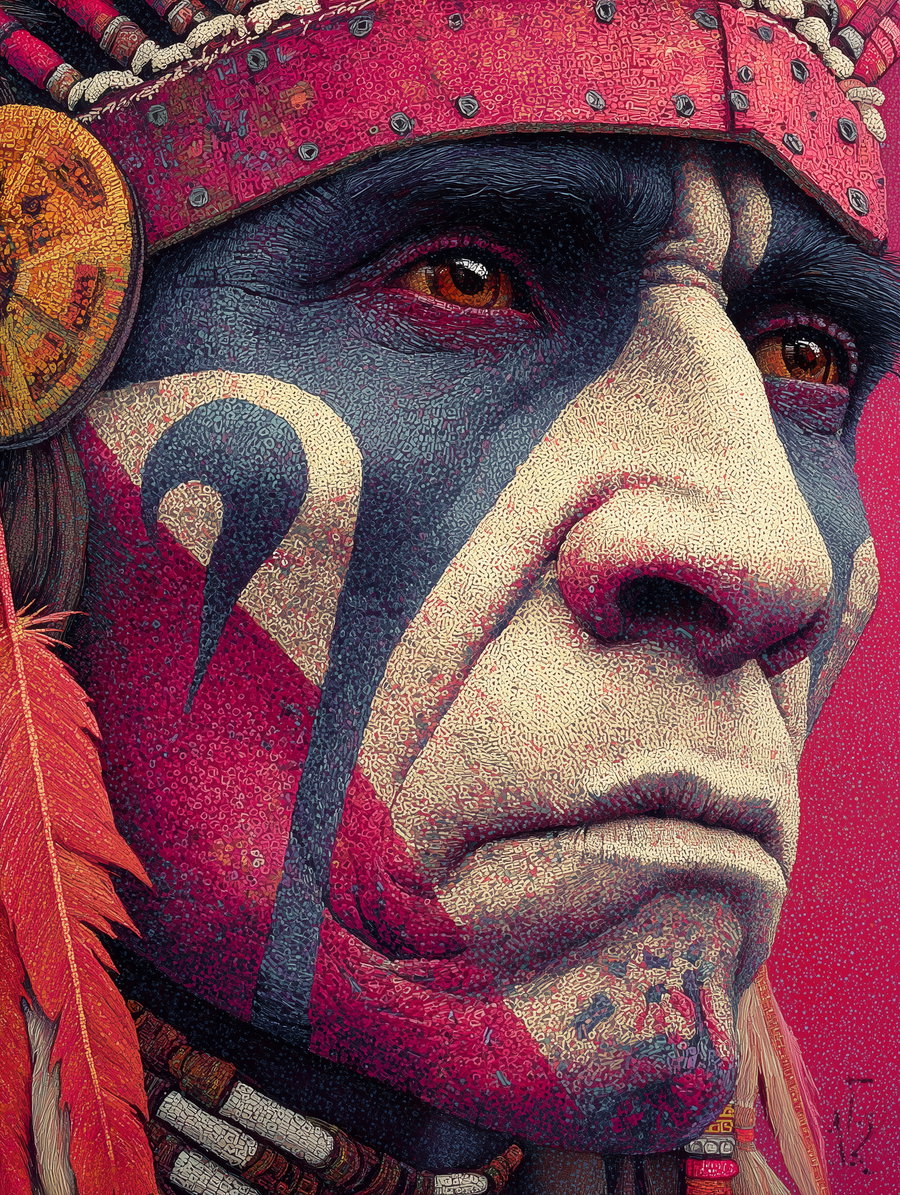 Close-up image of a person's face with tribal style face paint in red, black, and white, wearing a decorated headpiece with beads and feathers.
