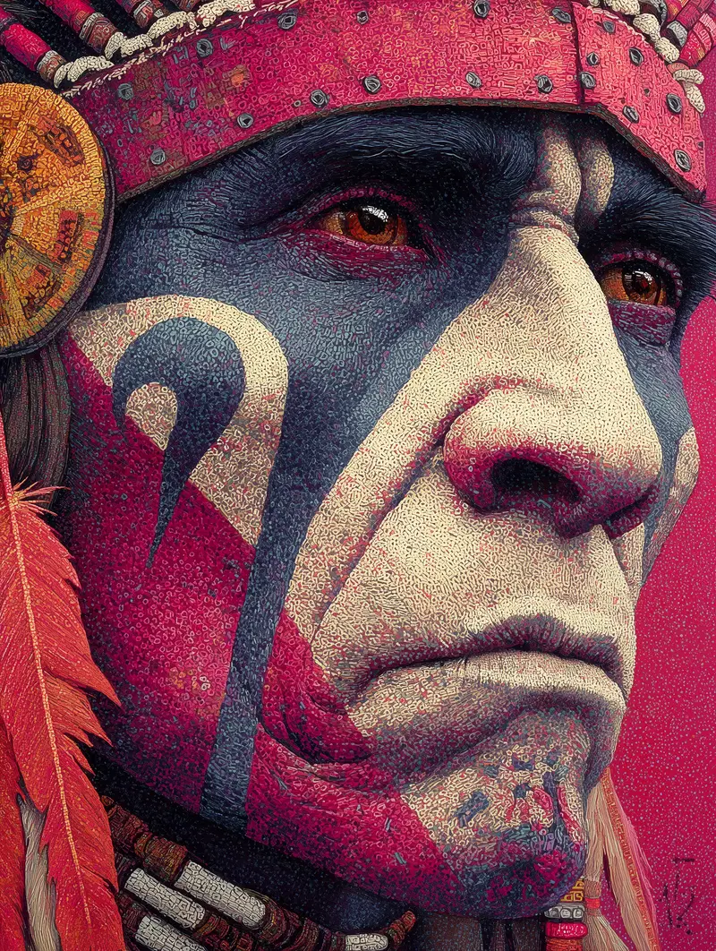 Detailed close-up portrait of a person with intricate tribal face paint and ornamentation