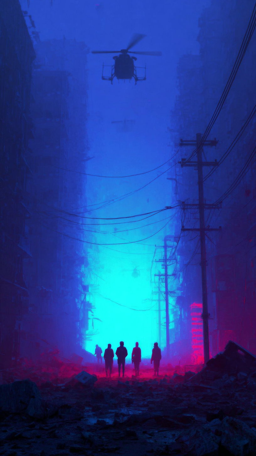 A moody city street scene with silhouetted people walking on a debris-strewn ground, tall buildings in blue and purple hues, red neon lighting, and helicopters flying overhead in a foggy atmosphere.