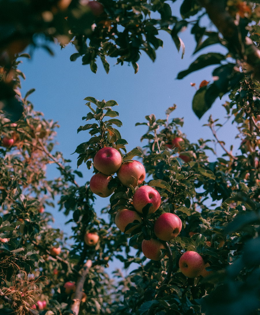 Branch of an apple tree laden with red apples and green leaves under a bright blue sky