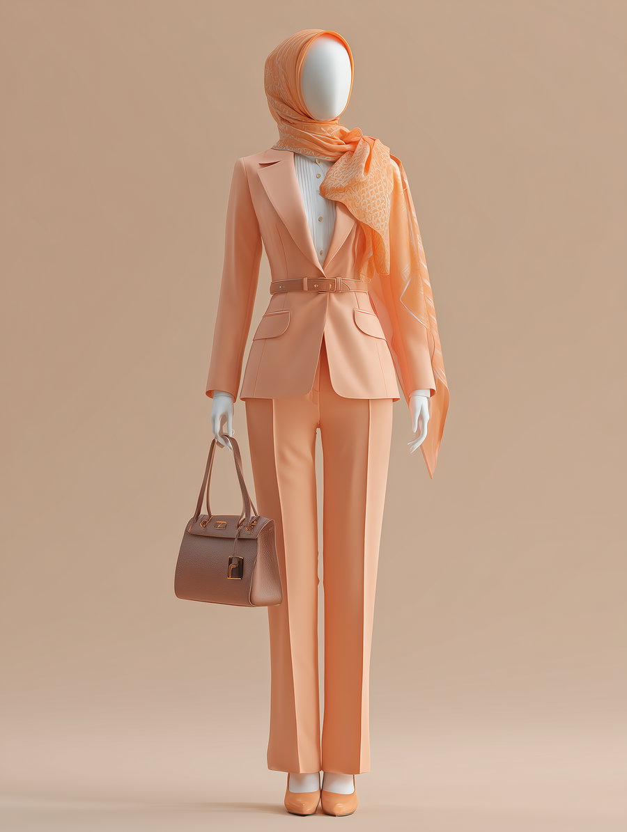 A faceless mannequin dressed in a peach-colored tailored suit with a matching belt, white shirt, and patterned peach headscarf holding a brown handbag on a neutral peach background