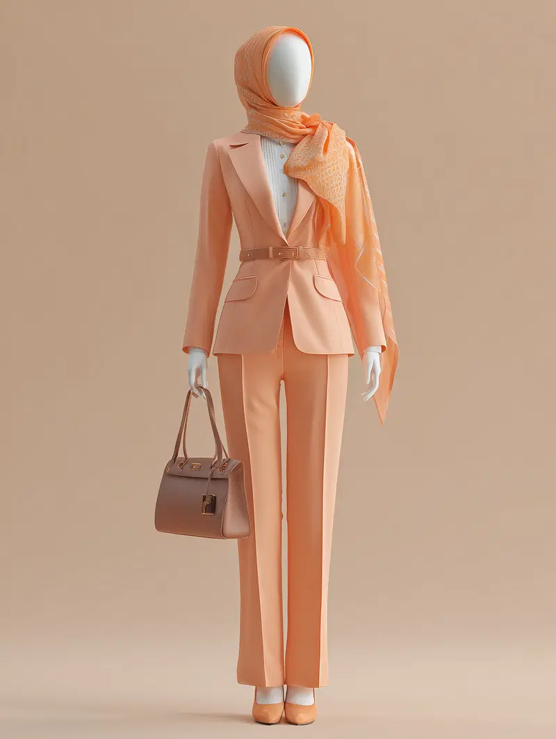 Contemporary monochromatic fashion figure in peach suit and headscarf