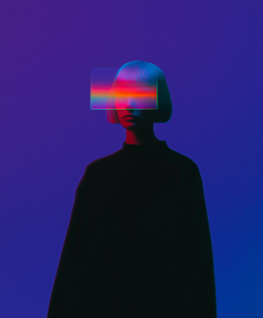 A person with blue hair in dim light wearing a dark outfit, face partially obscured by a horizontal rainbow-colored light bar, set against a purple background
