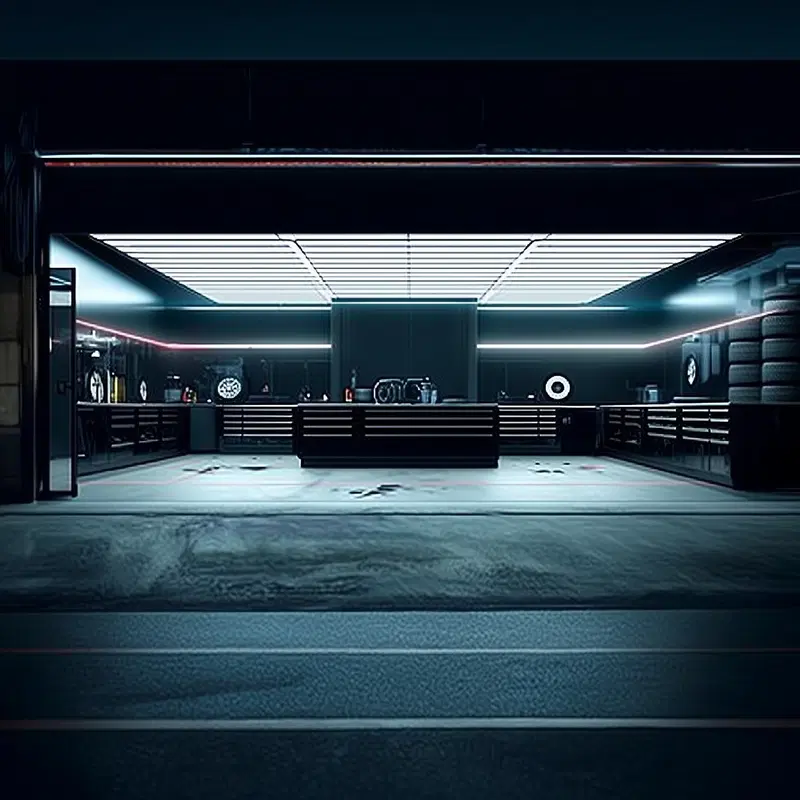 Moody and modern interior of a sleek automotive workshop with bright overhead lighting