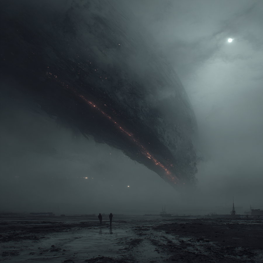 A dark, misty landscape with two small human figures walking toward a massive, glowing, partially volcanic floating rock structure in the sky under a cloudy moonlit atmosphere