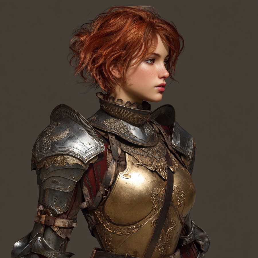 Side profile of a young woman with short red hair wearing intricately engraved metal armor with gold and silver accents on a neutral background