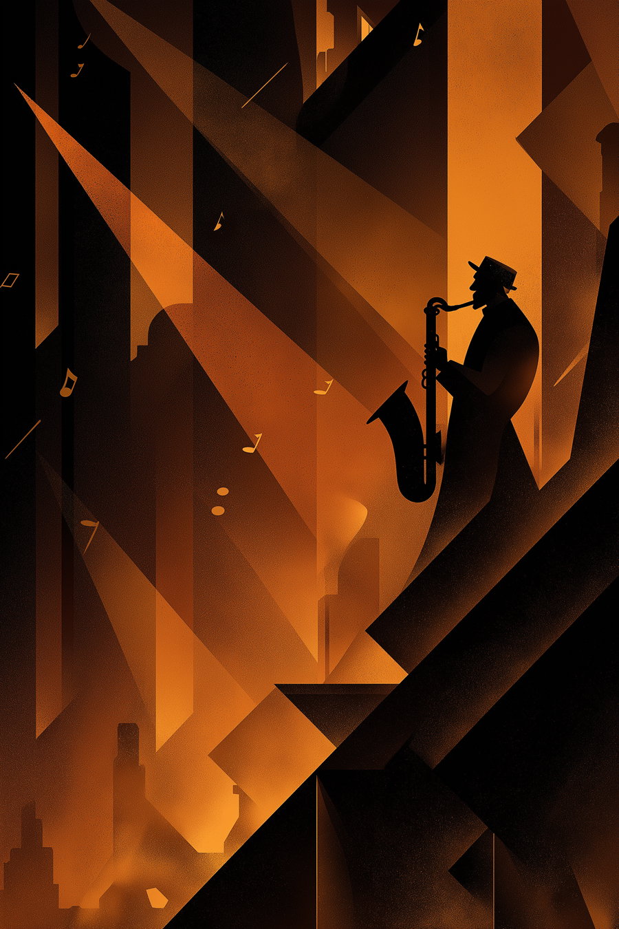 Silhouette of a man playing saxophone on stair steps against a background of geometric shapes and orange light beams, with floating musical notes