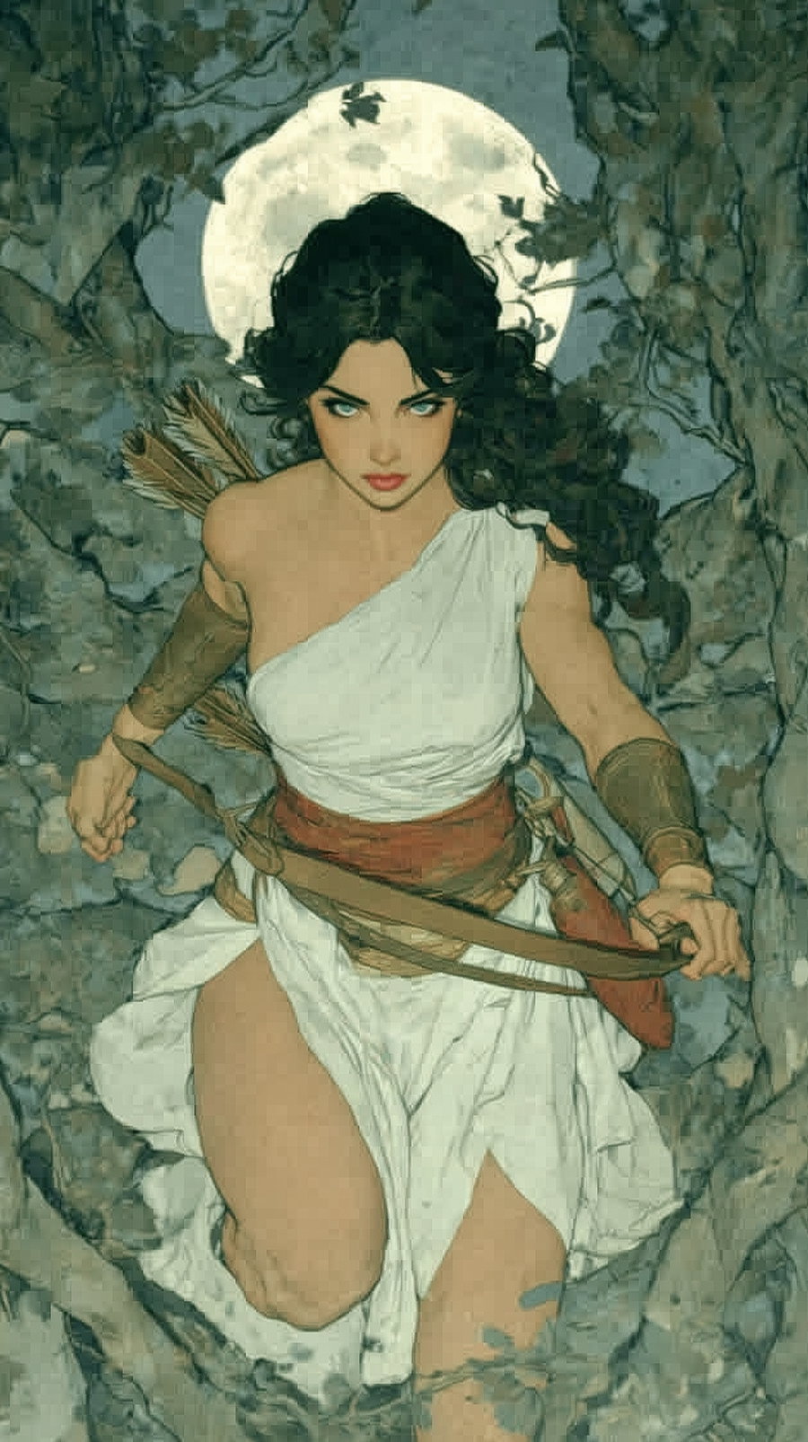 Illustration of a determined woman with dark hair holding a bow and arrows, wearing a white dress, surrounded by dark, moody foliage and a glowing full moon behind her