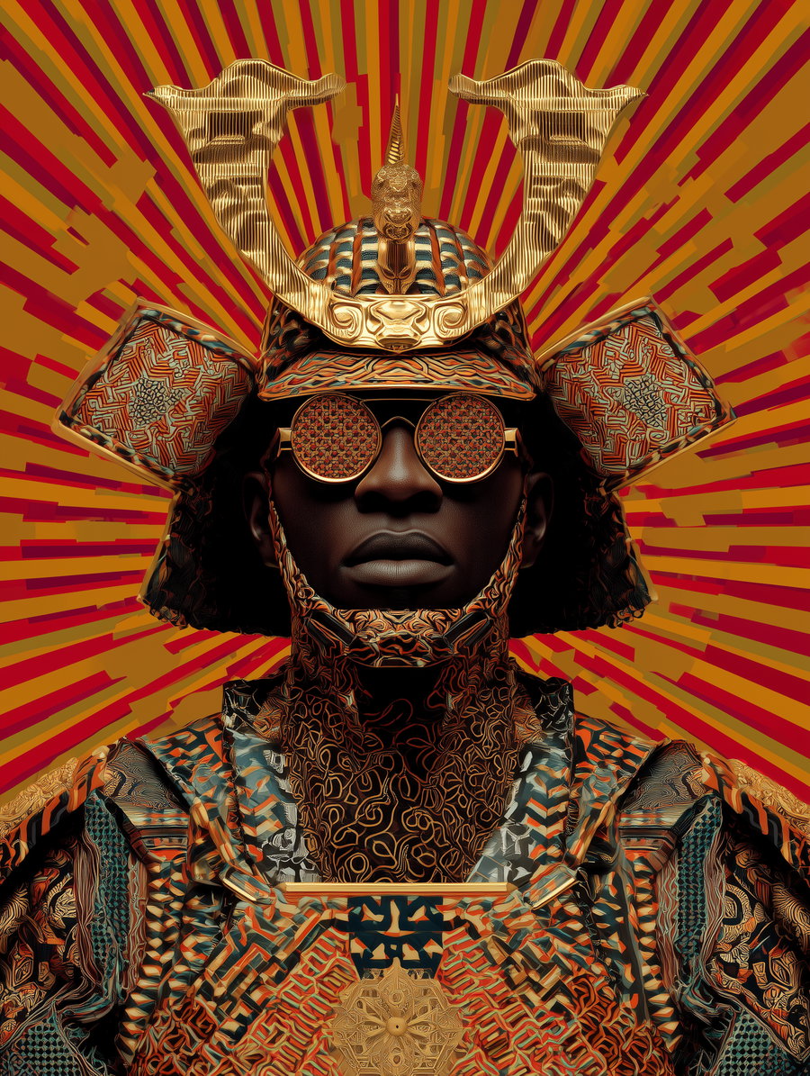 A person wearing intricate, patterned samurai armor and round sunglasses against a bold red and gold abstract radial background