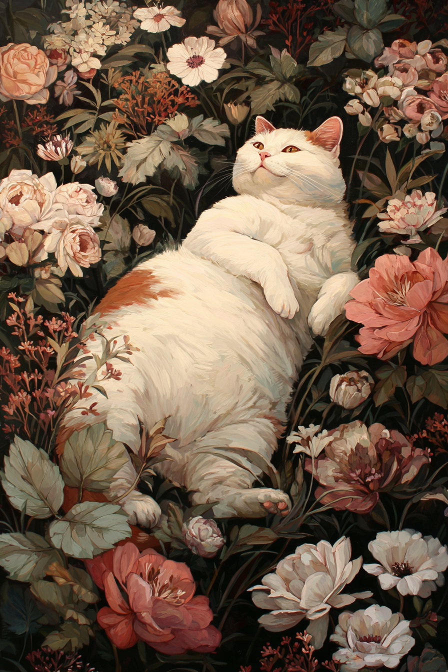 A white and orange cat comfortably lying on its back surrounded by detailed pink, white, and green flowers and leaves