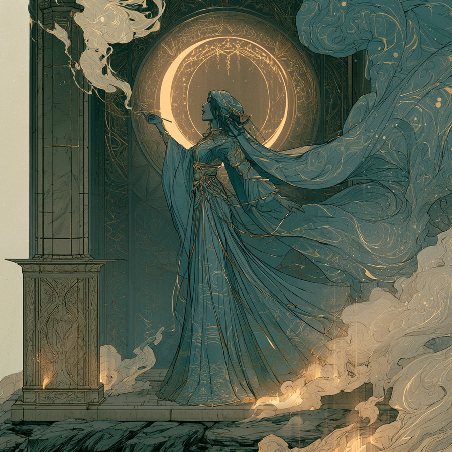 Illustration of a mysterious woman with long flowing dress and veil, holding a smoking pipe, standing on ornate stone platform with glowing crescent moon behind her and swirling smoky mist around