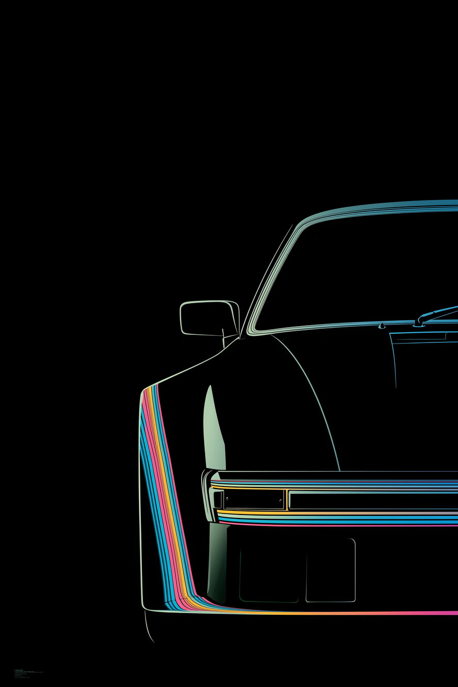 Stylized vintage car front view with rainbow stripes on black background
