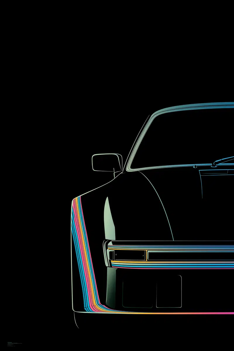 Vintage style artistic print of a classic car front with colorful stripes on black background