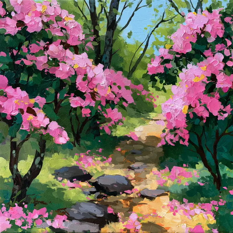 Oil painting of a garden path surrounded by blossoming pink flowers