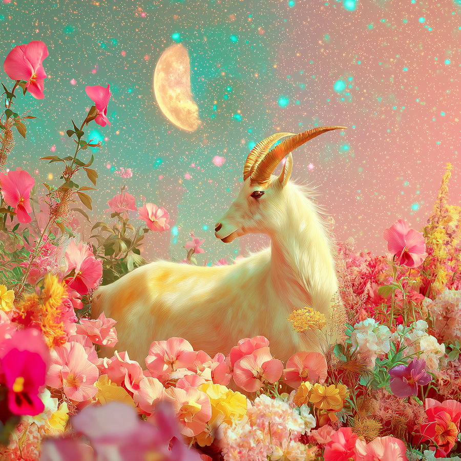 A white goat with golden horns lying among vibrant pink, yellow, and peach flowers with a sparkling galaxy background and a glowing crescent moon