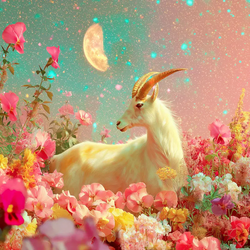 Dreamy and colorful animal wall art featuring a goat surrounded by flowers under a starry moonlit sky
