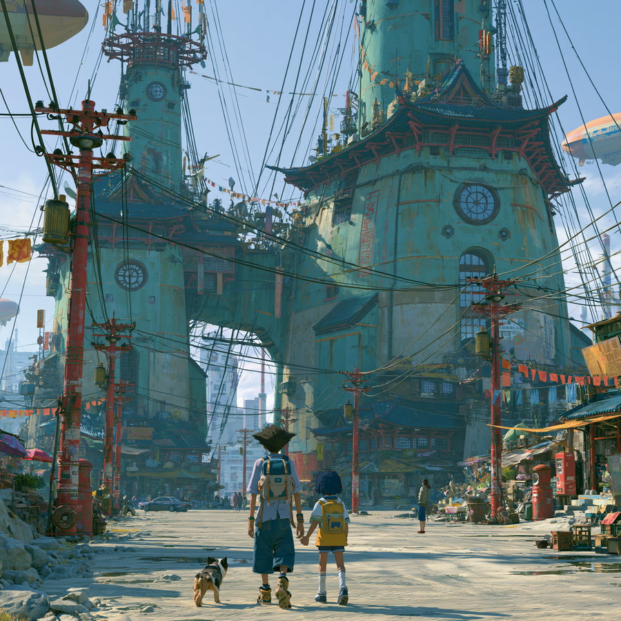 Two characters holding hands with a dog walk towards large, weathered towers featuring Asian architectural elements and many overhead wires, with various people and street market stalls around