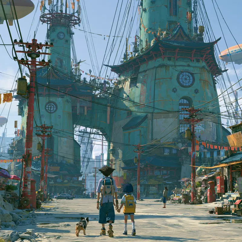 Futuristic cityscape with traditional architecture and characters exploring