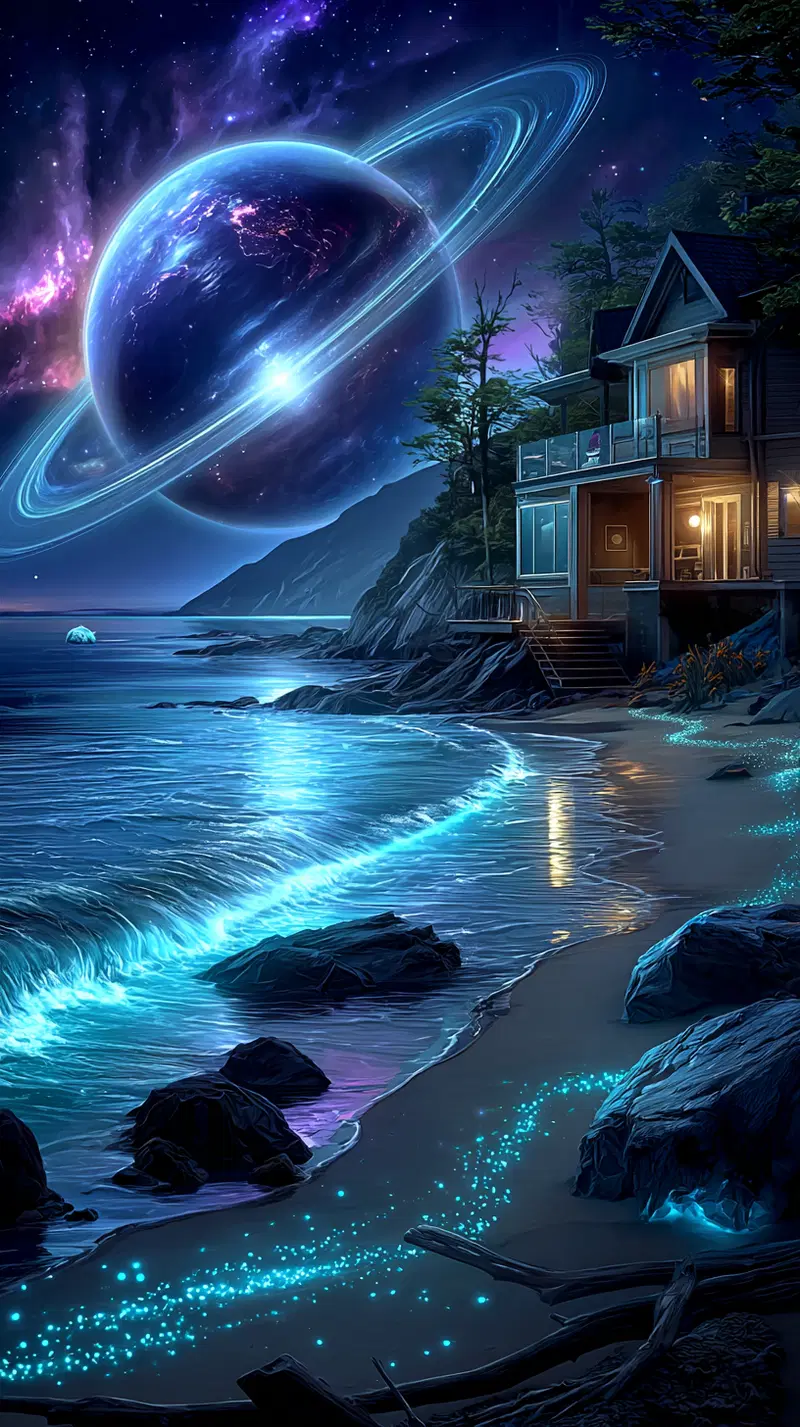 Surreal dreamy beach scene with glowing waves and giant ringed planet