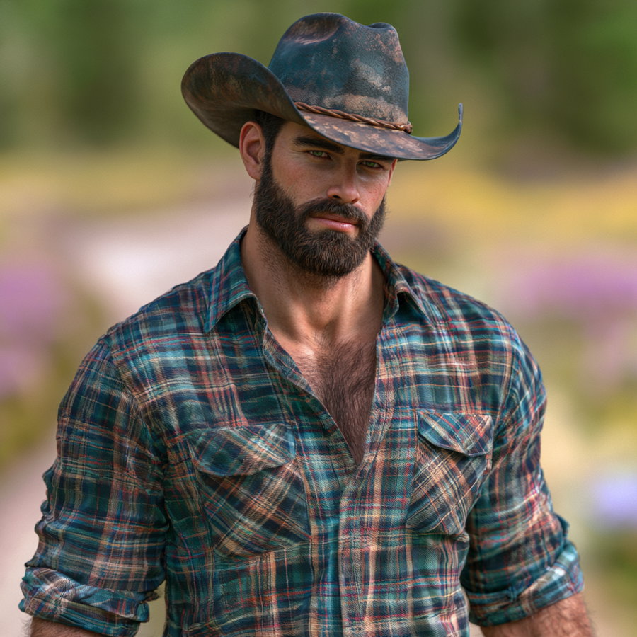 Close-up of a man with a thick beard wearing a weathered cowboy hat and a rolled-up plaid shirt in an outdoor, softly blurred natural background