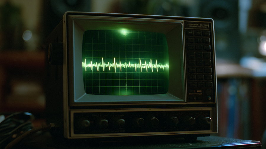 Old oscilloscope with green screen showing a waveform signal and various knobs and buttons on its front panel