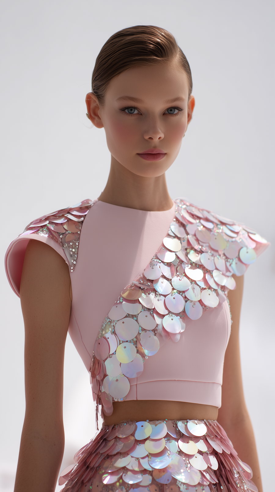 Young woman with slicked-back hair wearing a pale pink top and skirt adorned with large iridescent circular sequins