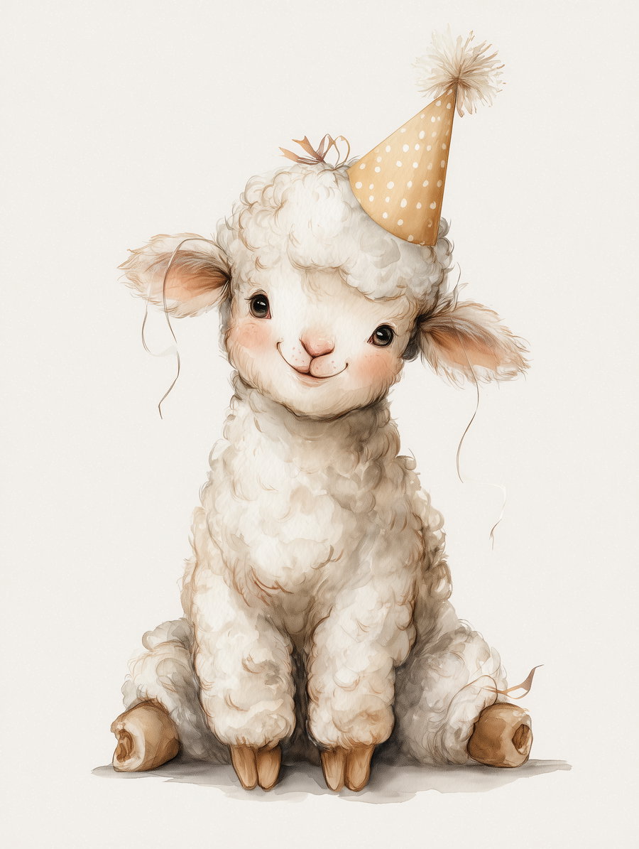 Illustration of a fluffy baby lamb sitting and wearing a beige party hat with white polka dots and a pom-pom, against a light cream background