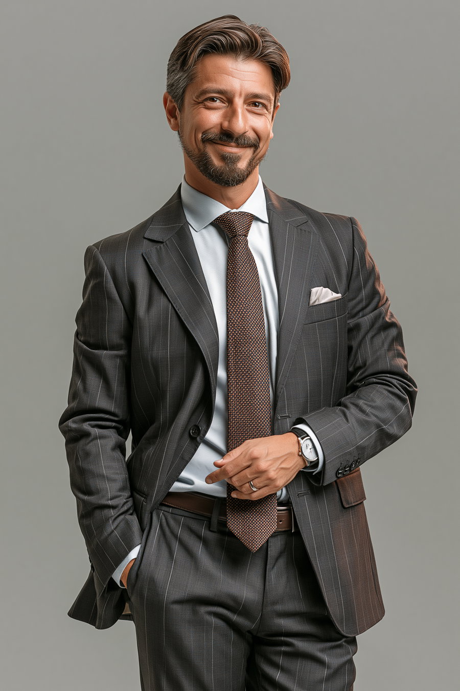 A man wearing a dark pinstripe suit with a white shirt and patterned tie, smiling confidently with his hand in his pocket against a plain grey background.