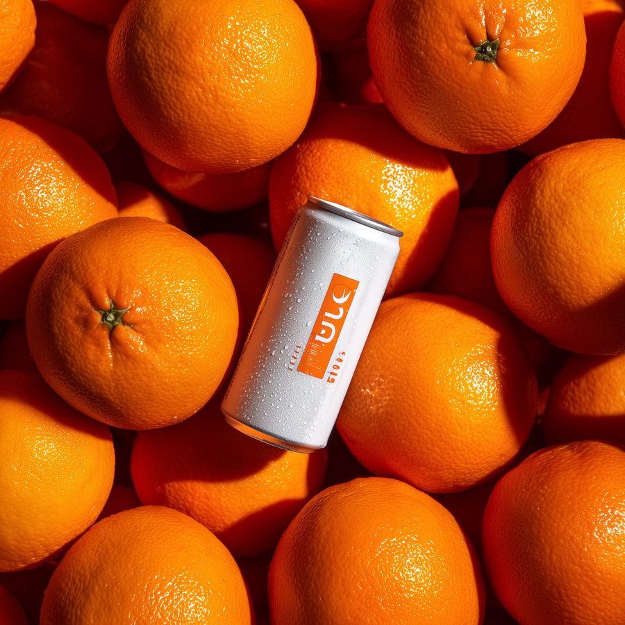 A silver can with droplets of water is lying among many bright orange oranges, creating a vivid and colorful contrast