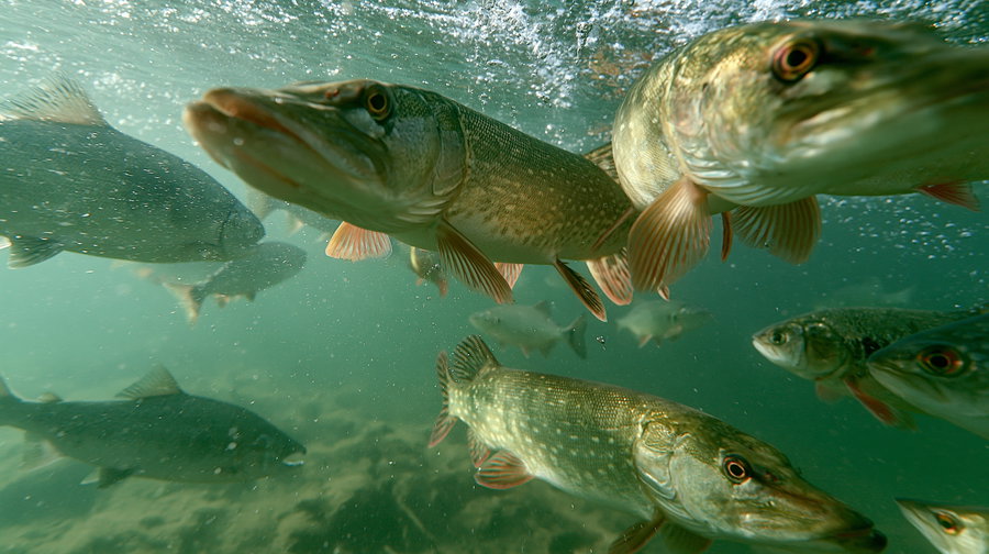 Close-up of several large fish swimming underwater with visible scales and fins in a greenish aquatic environment