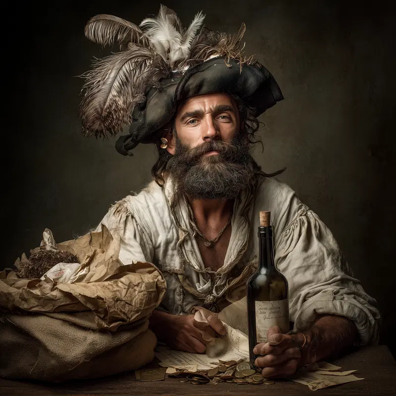Portrait of a bearded man in classic European attire with feathered hat