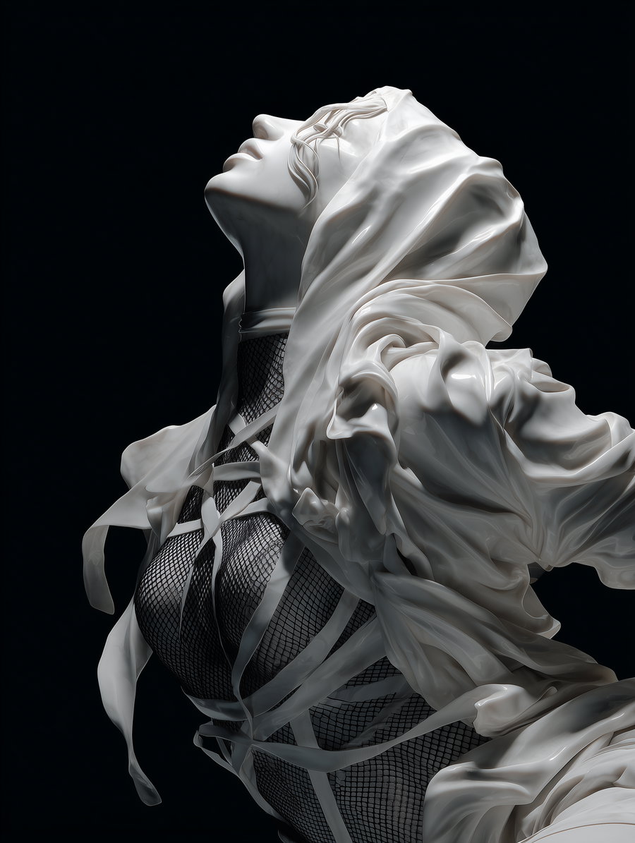 A detailed image of a person with their head tilted back, draped in a flowing, translucent white dress with a fishnet underlay, set against a black background