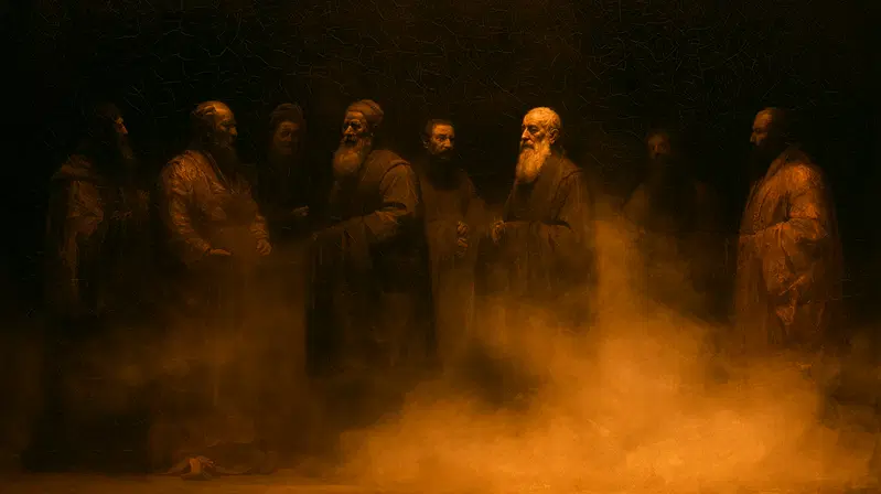 Classic European painting showing a group of robed men in a dimly lit, smoky setting