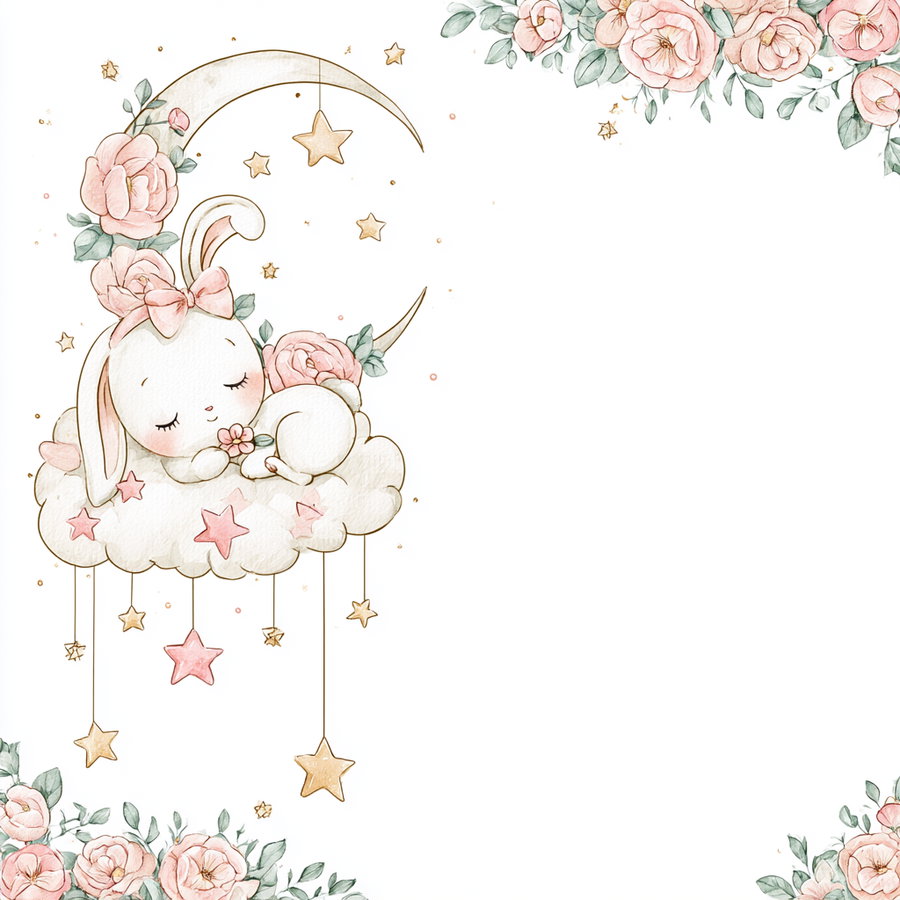A cute bunny sleeping on a cloud surrounded by stars and roses.