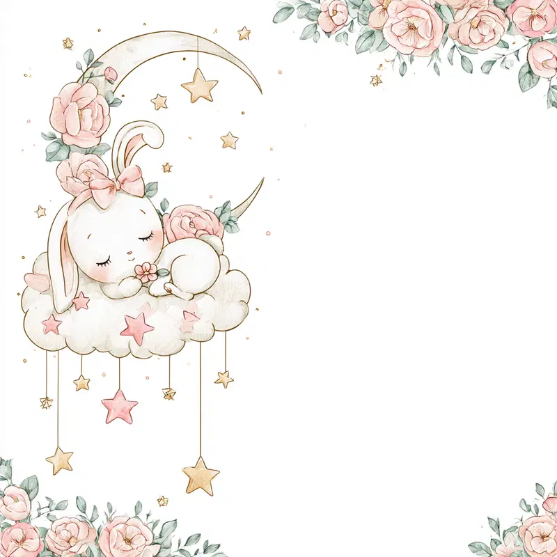 Dreamy Sleepy Bunny on a Cloud with Floral Accents