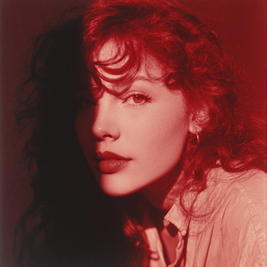 Close-up portrait of a woman with curly hair illuminated by red lighting, wearing a shirt and small hoop earrings