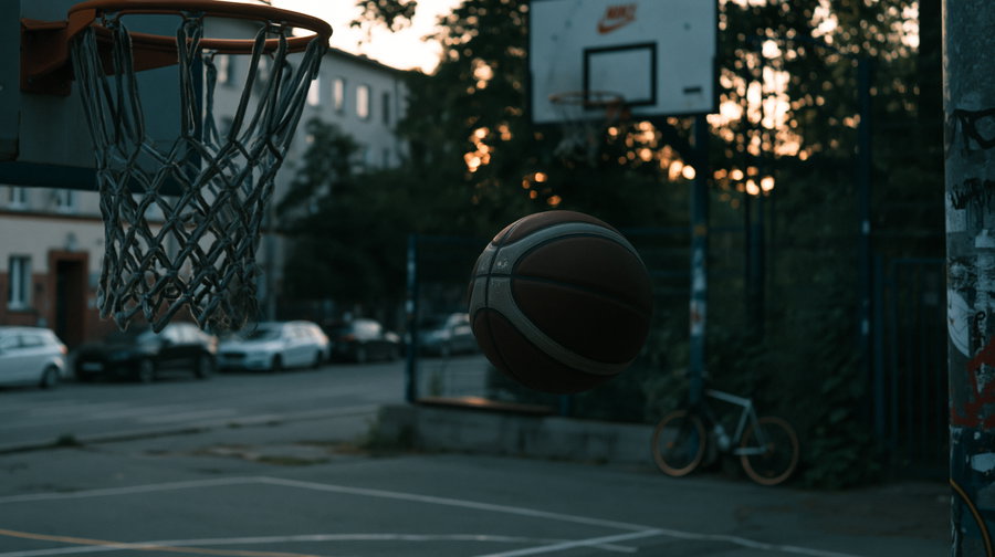 A basketball captured mid-air near an outdoor basketball hoop in a city street court with cars parked in the background and a bicycle leaning against a fence.