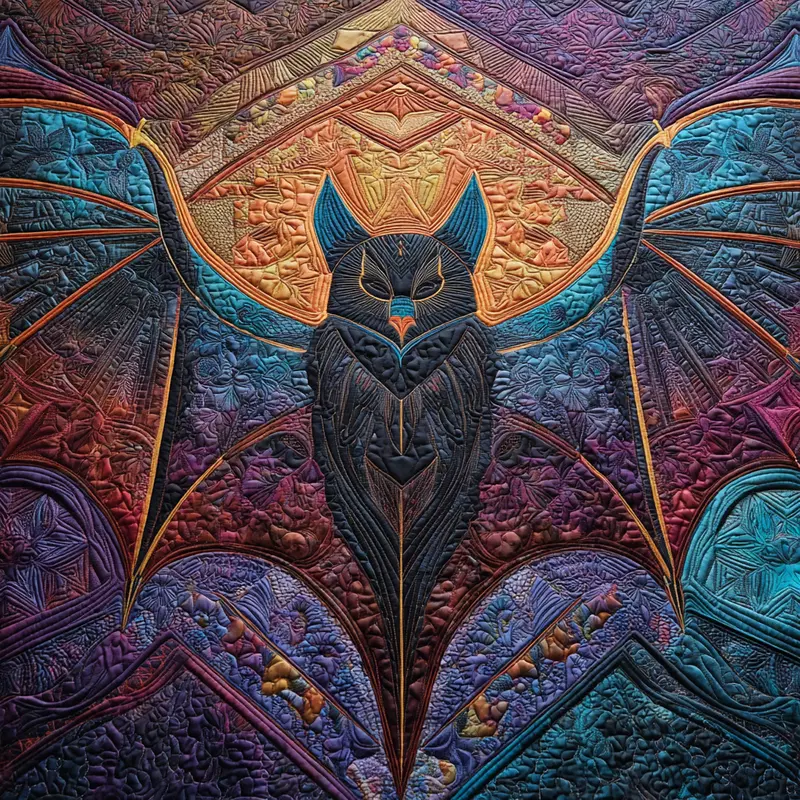 Moody detailed textile art of a bat with vibrant and dark color tones