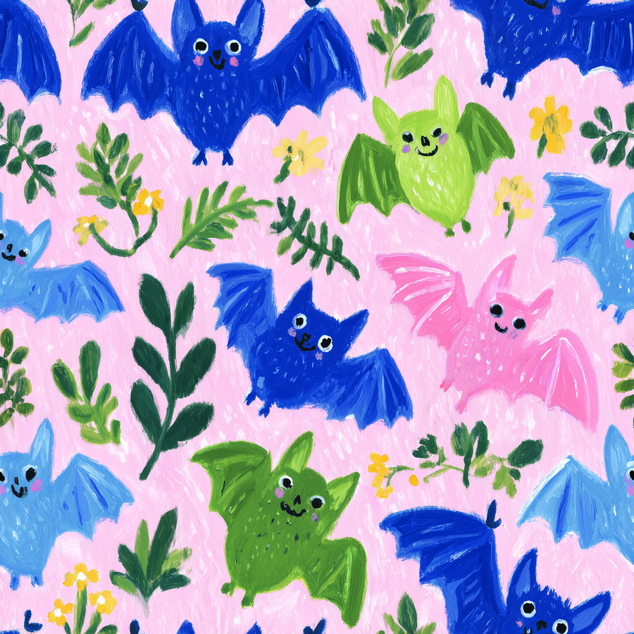 Illustration of various cute bats in blue, green, and pink colors flying among green leaves and yellow flowers on a pink textured background
