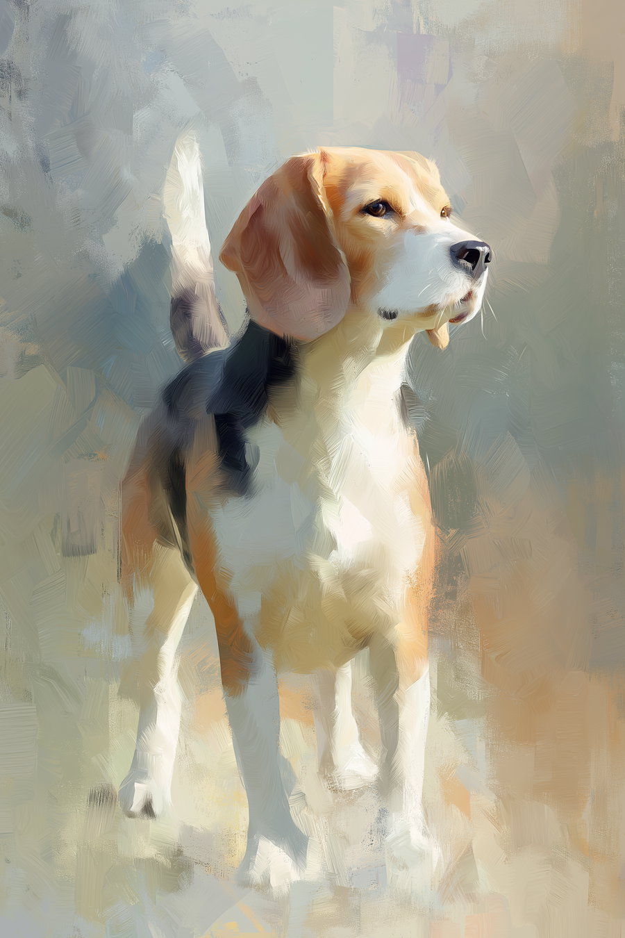 Painting of a beagle dog standing and looking into the distance, done in an oil painting style with visible brush strokes and soft beige, brown, black, and white colors