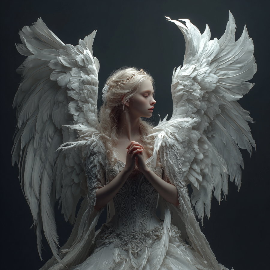 A woman with long blonde hair styled with a delicate headpiece, dressed in an intricately detailed white gown with large white feather wings, set against a dark background.