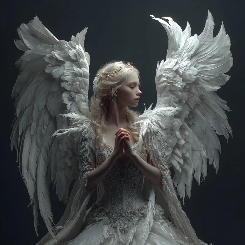 Elegant angelic figure with large white feather wings in a serene pose